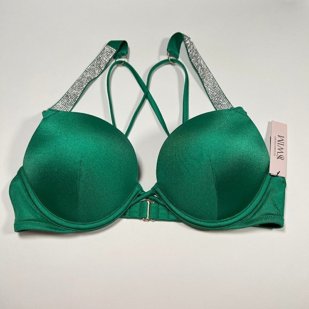 Victoria Secret 34C Bombshell Push Up Bikini Top Miraculous Shine Strap Green